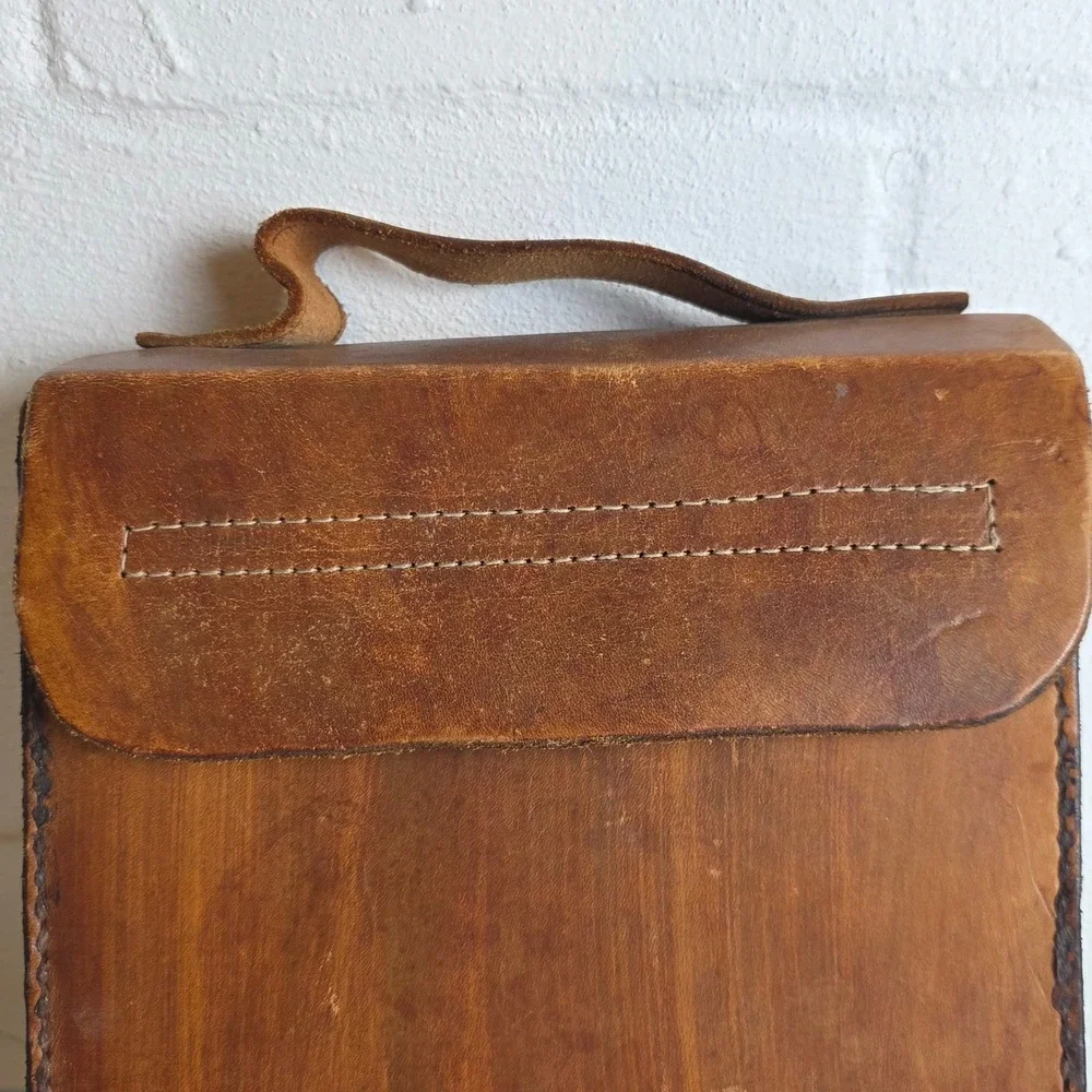 Vintage Handmade Leather Satchel Boxy Field Bag Cognac Brown Hand Stitched